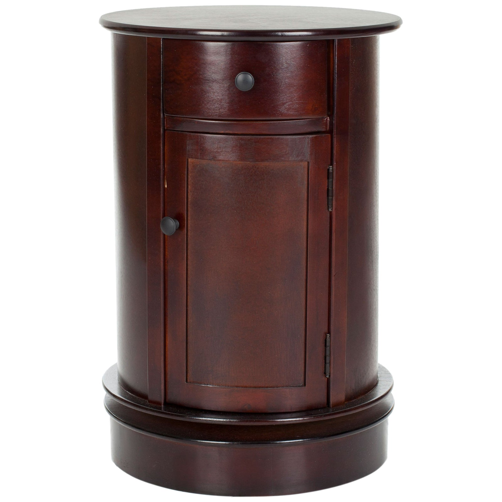 Dark cherry round table has a curved drawer, paneled cabinet door and pedestal base || AMH5712D || front_studio