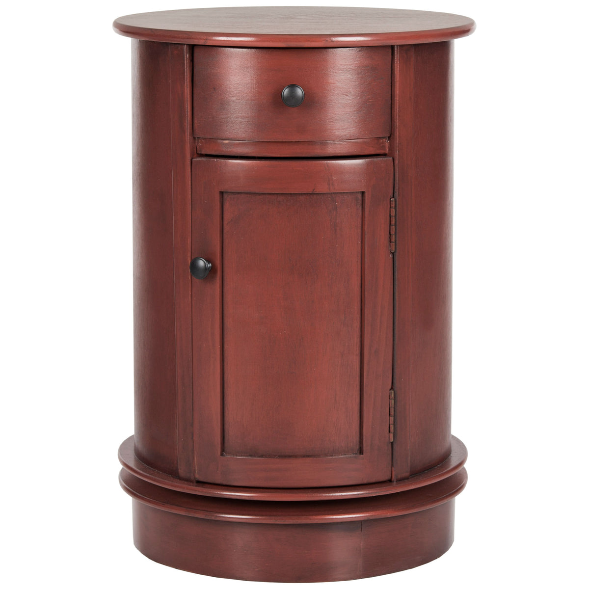 Rich red round accent table pairs a curved drawer with a paneled door and pedestal base || AMH5712E || front_studio