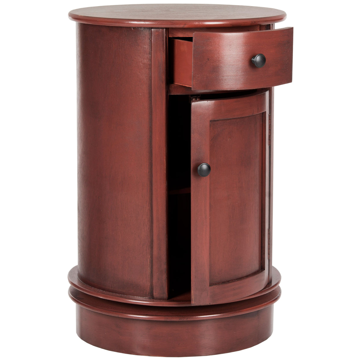 An open curved drawer and cabinet door offer easy access to storage in this rich red table || AMH5712E || front_angle_open_studio