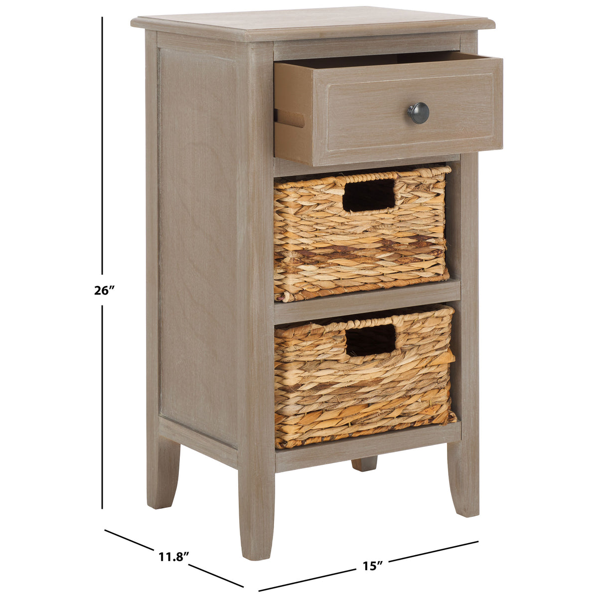 A compact side table pairs a top drawer with two woven baskets for everyday storage. || AMH5743E || dimension_studio