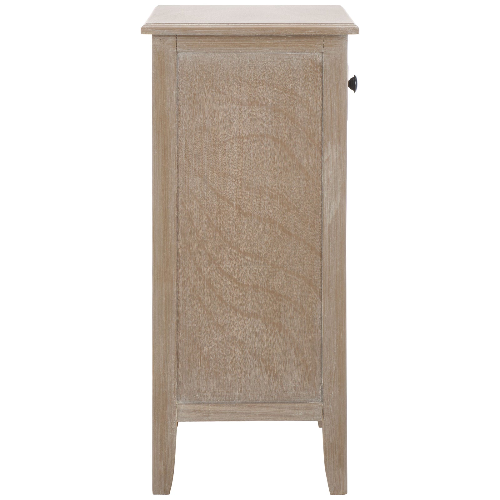 Framed wood paneling, a projecting tabletop, and tapered legs define the narrow silhouette. || AMH5743E || side_studio