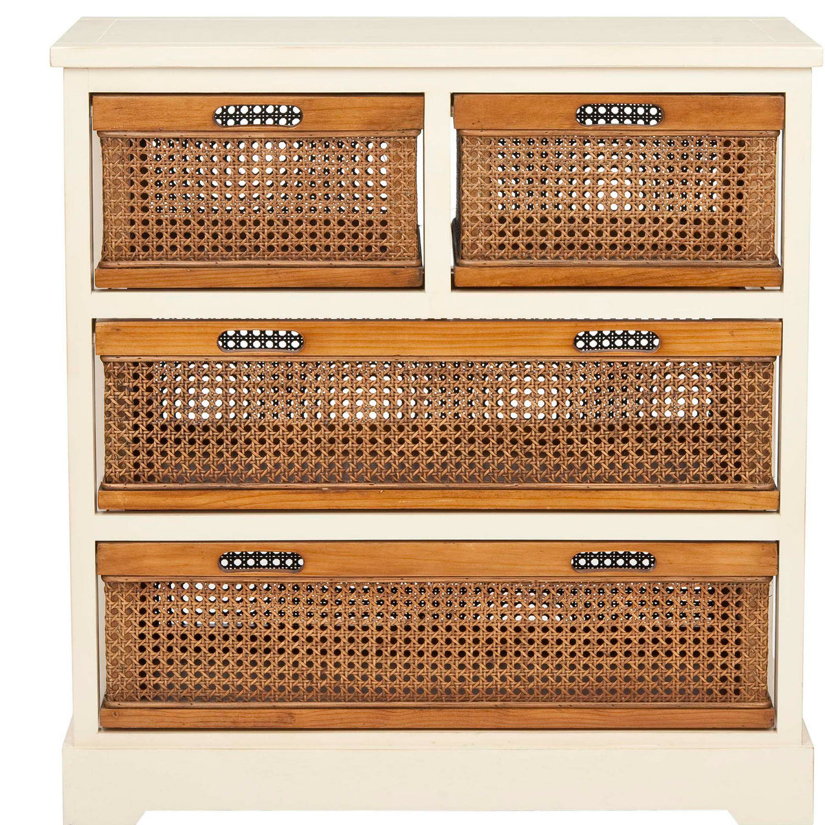 Cream-painted wood frames two small and two wide woven cane drawers with cutout handles. || AMH6504A || front_studio