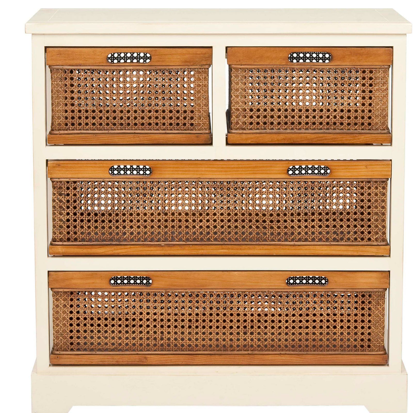 Cream-painted wood frames two small and two wide woven cane drawers with cutout handles. || AMH6504A || front_studio