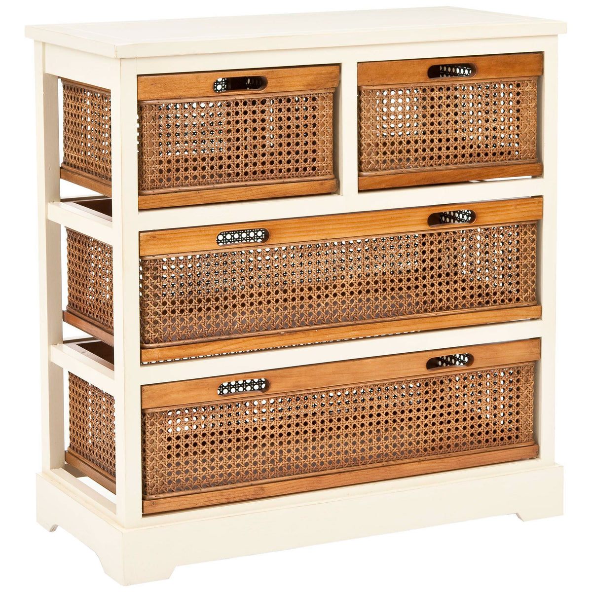 Open side rails and honey-brown cane baskets give the cream cabinet an airy, textural look.
