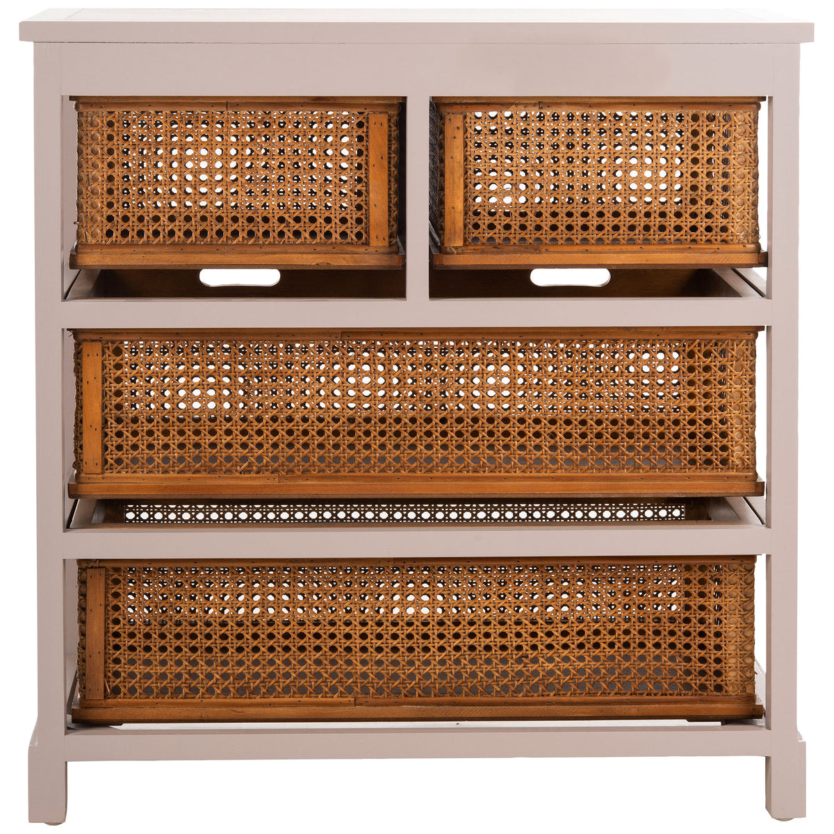 Open rear rails reveal warm cane baskets throughout the softly painted gray cabinet. || AMH6504C || back_studio