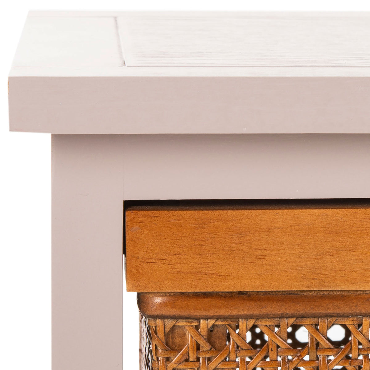 A smooth gray wood top meets a warm wood drawer rim and a hint of woven cane. || AMH6504C || detail_studio