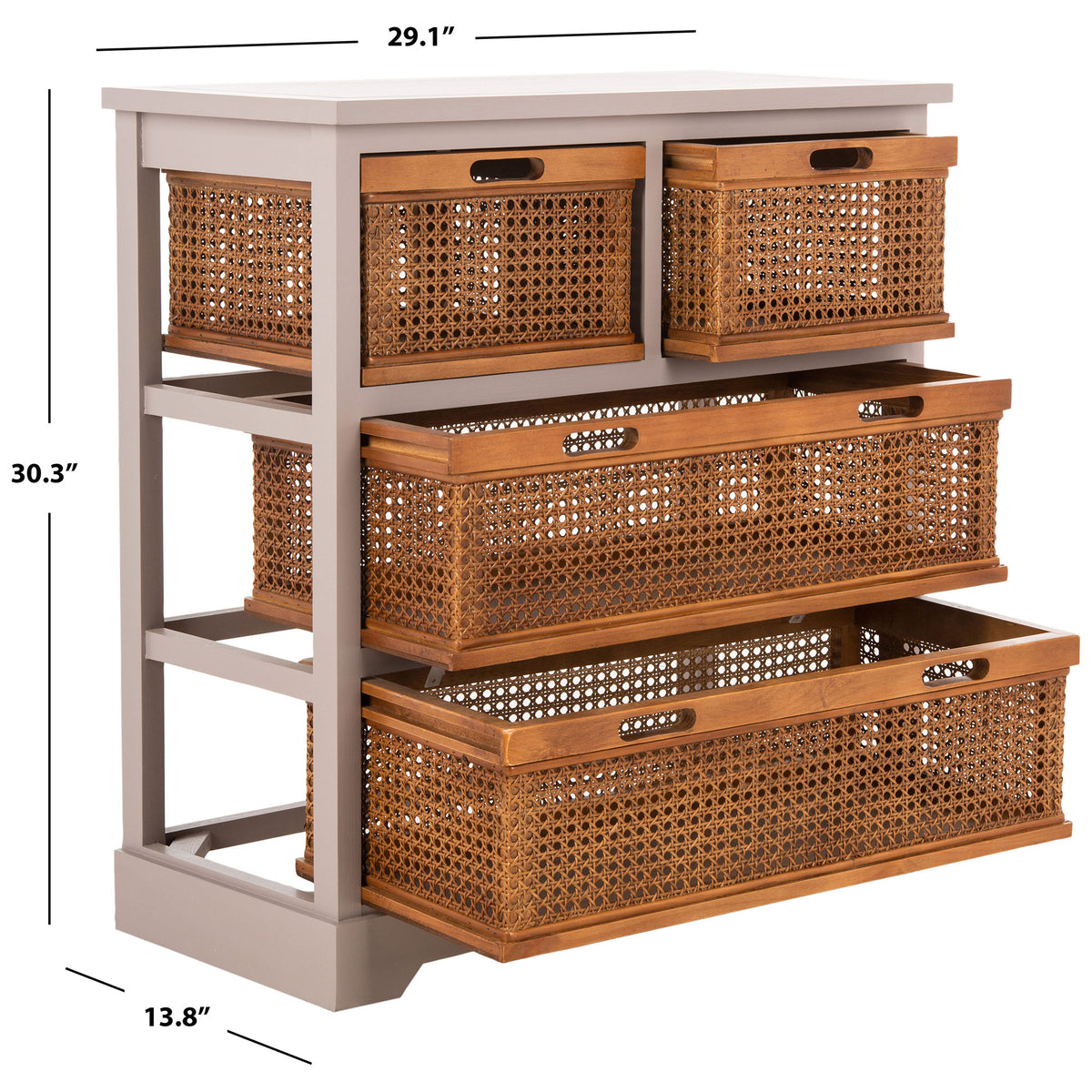 A gray four-drawer cabinet measures 29.1 inches wide, 13.8 inches deep, and 30.3 inches tall. || AMH6504C || dimension_studio
