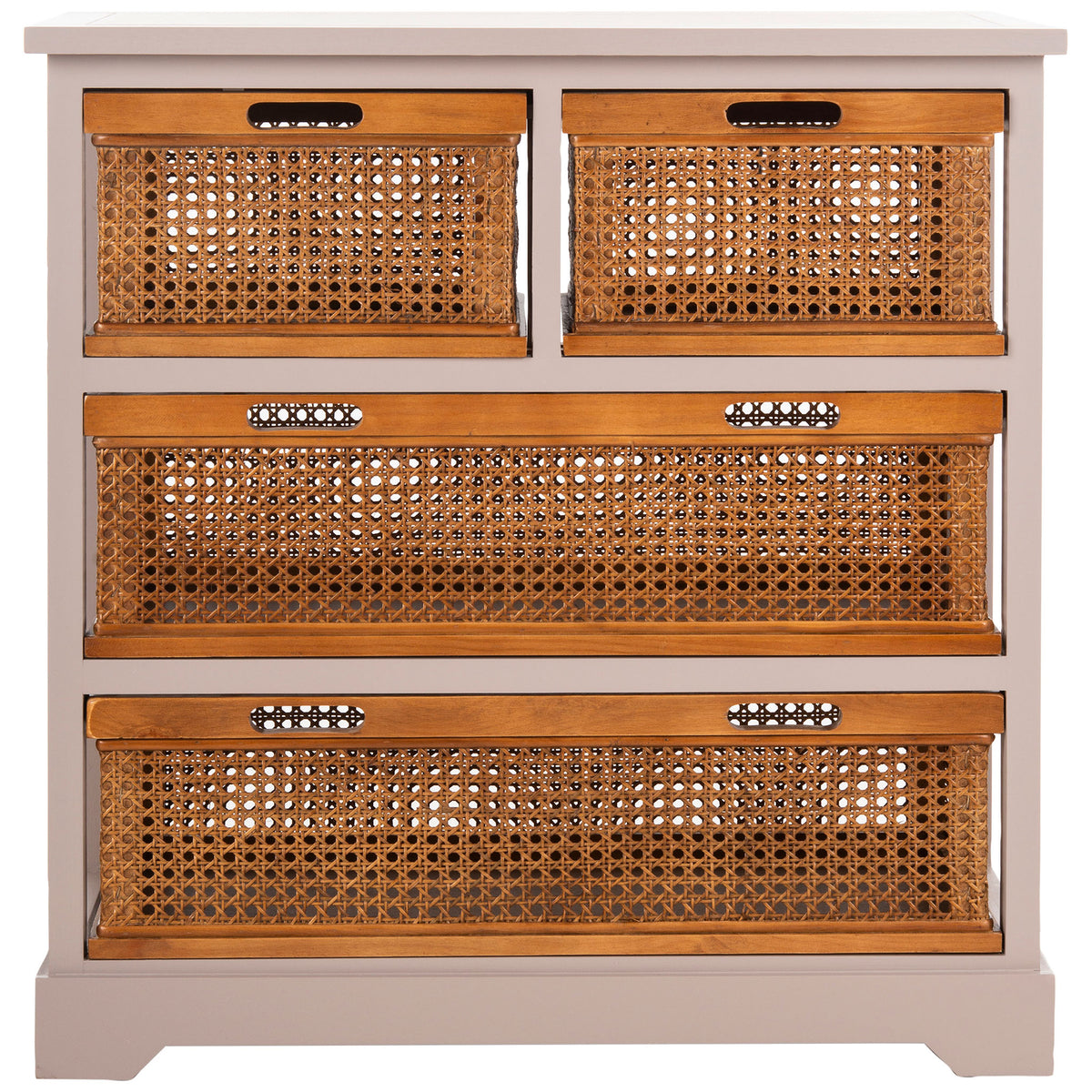 A soft gray frame pairs two compact upper cane drawers with two broad drawers below. || AMH6504C || front_studio