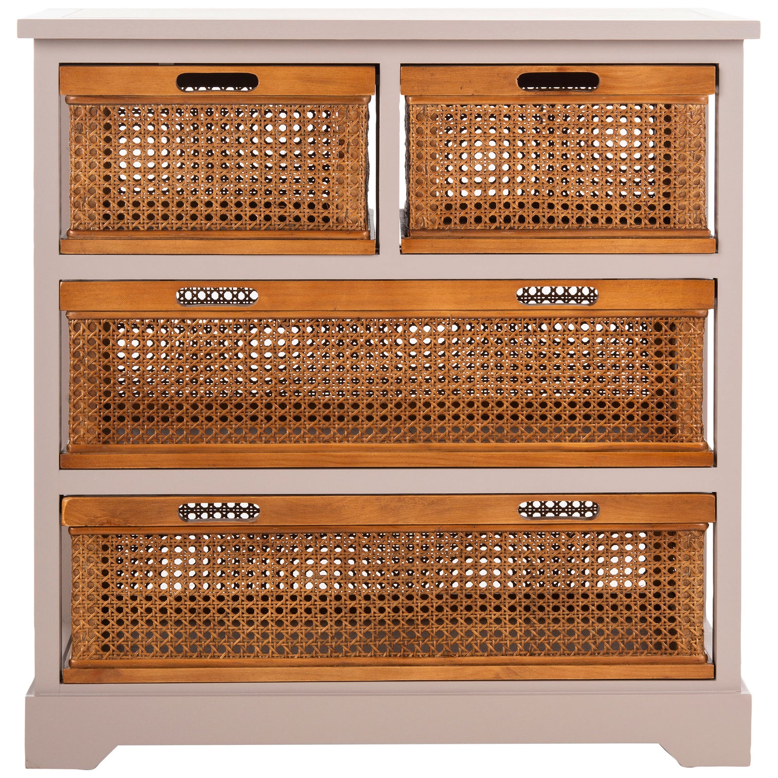A soft gray frame pairs two compact upper cane drawers with two broad drawers below. || AMH6504C || front_studio