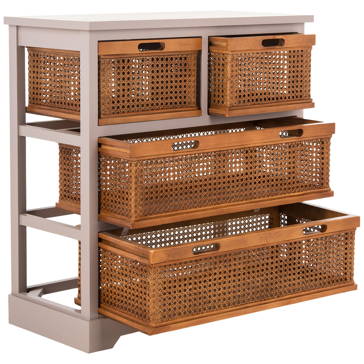 Three extended cane drawers expose accessible storage and cutout handles within a gray wood frame.