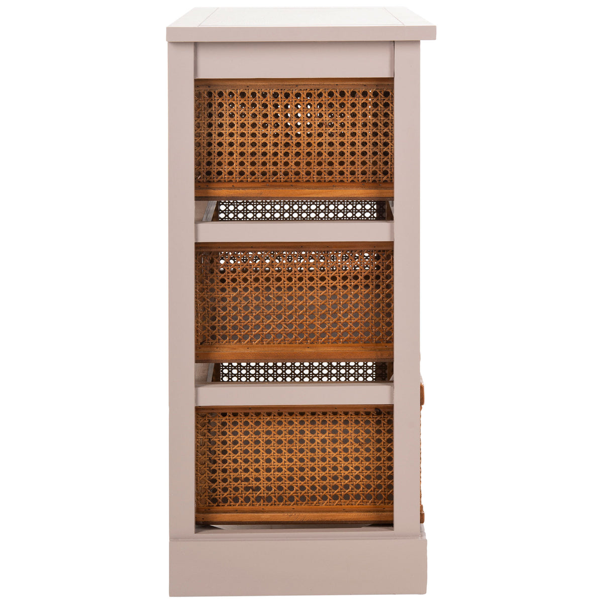 Cane basket sides show through the open gray frame, adding texture to the cabinet's slim profile. || AMH6504C || side_studio