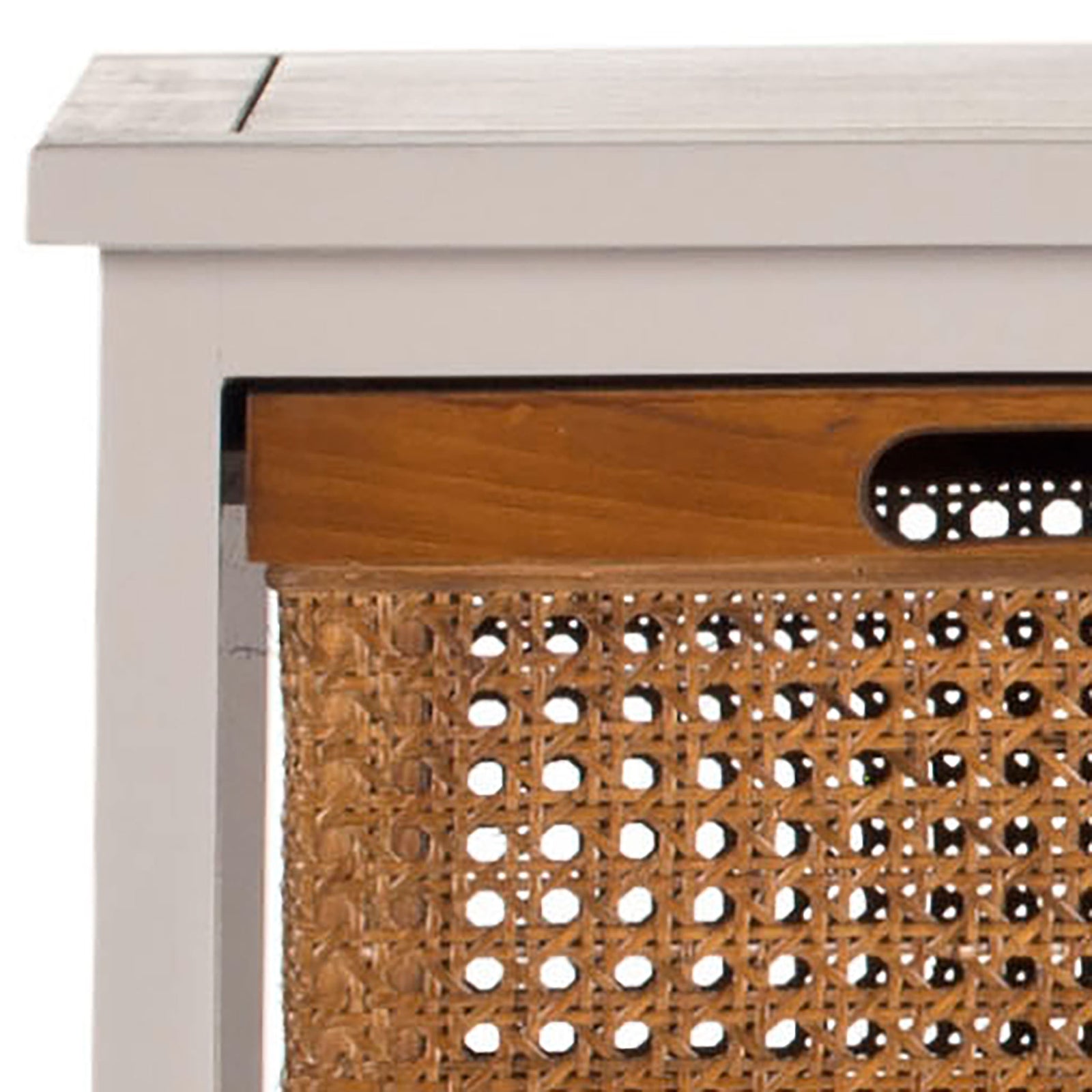 Amber cane lattice and a natural wood drawer rim contrast with the softly painted gray frame. || AMH6504C || detail_studio
