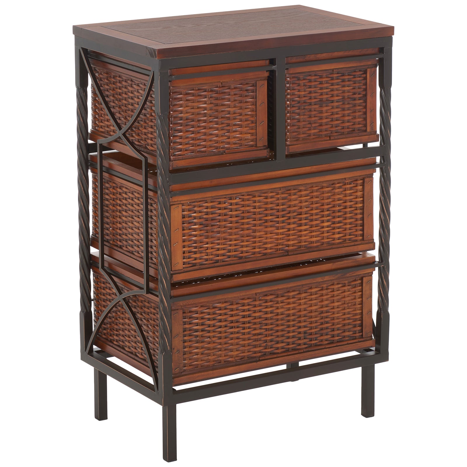 Curved side bracing lends airy character to the dark wood frame and four woven baskets. || AMH6511A || back_angle_studio