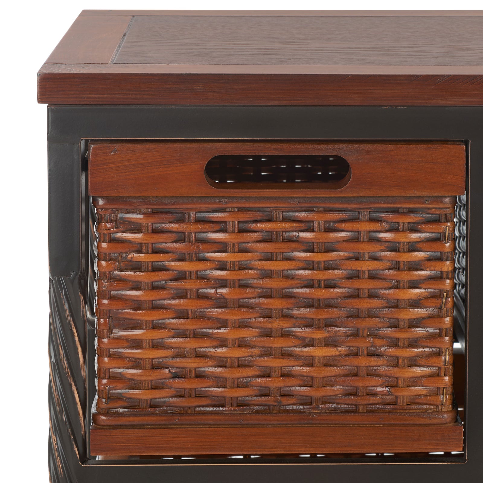 A smooth cutout pull tops a woven rattan basket framed in dark wood. || AMH6511A || storage_studio