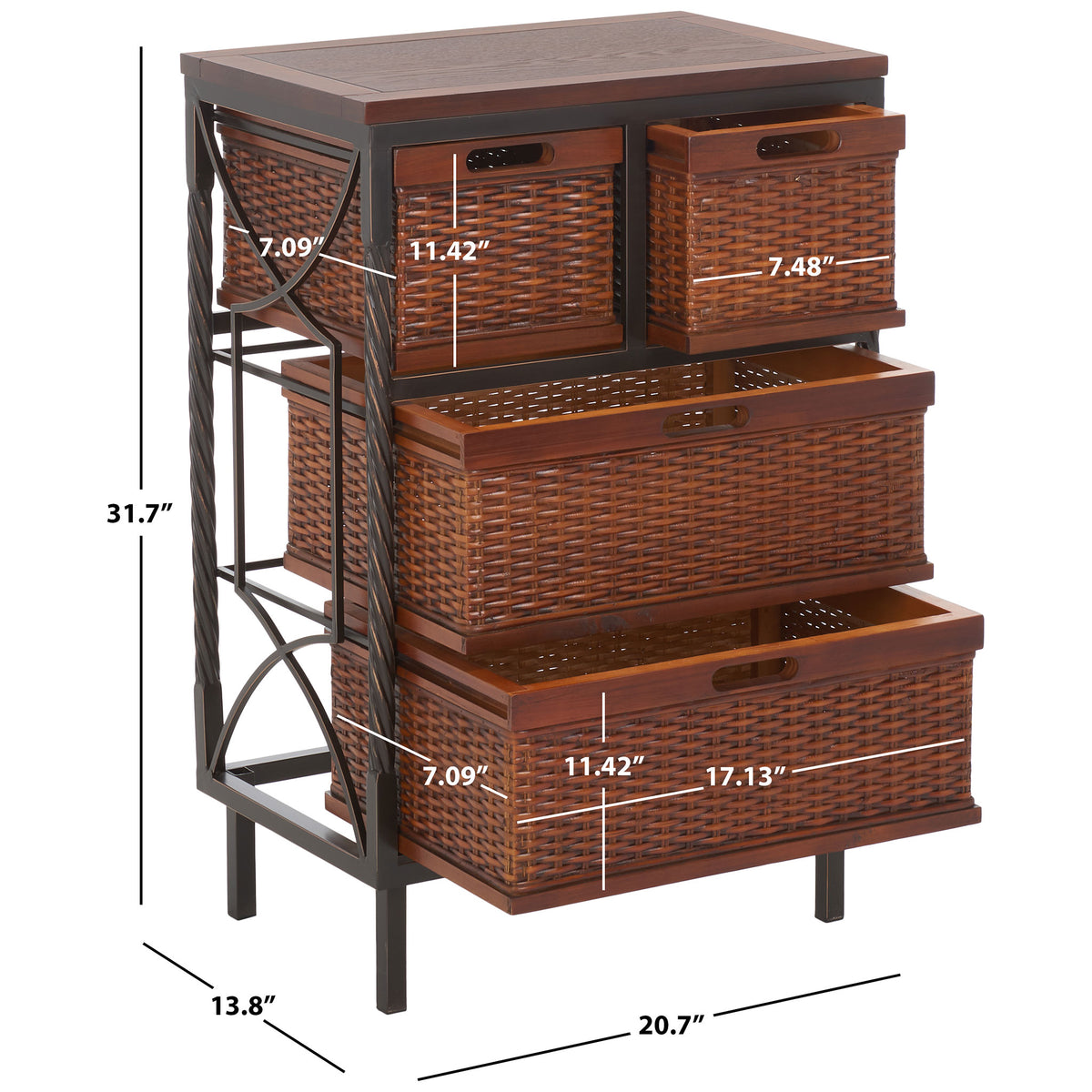 Four pullout baskets fit within a compact frame measuring 20.7 inches wide and 31.7 inches tall.