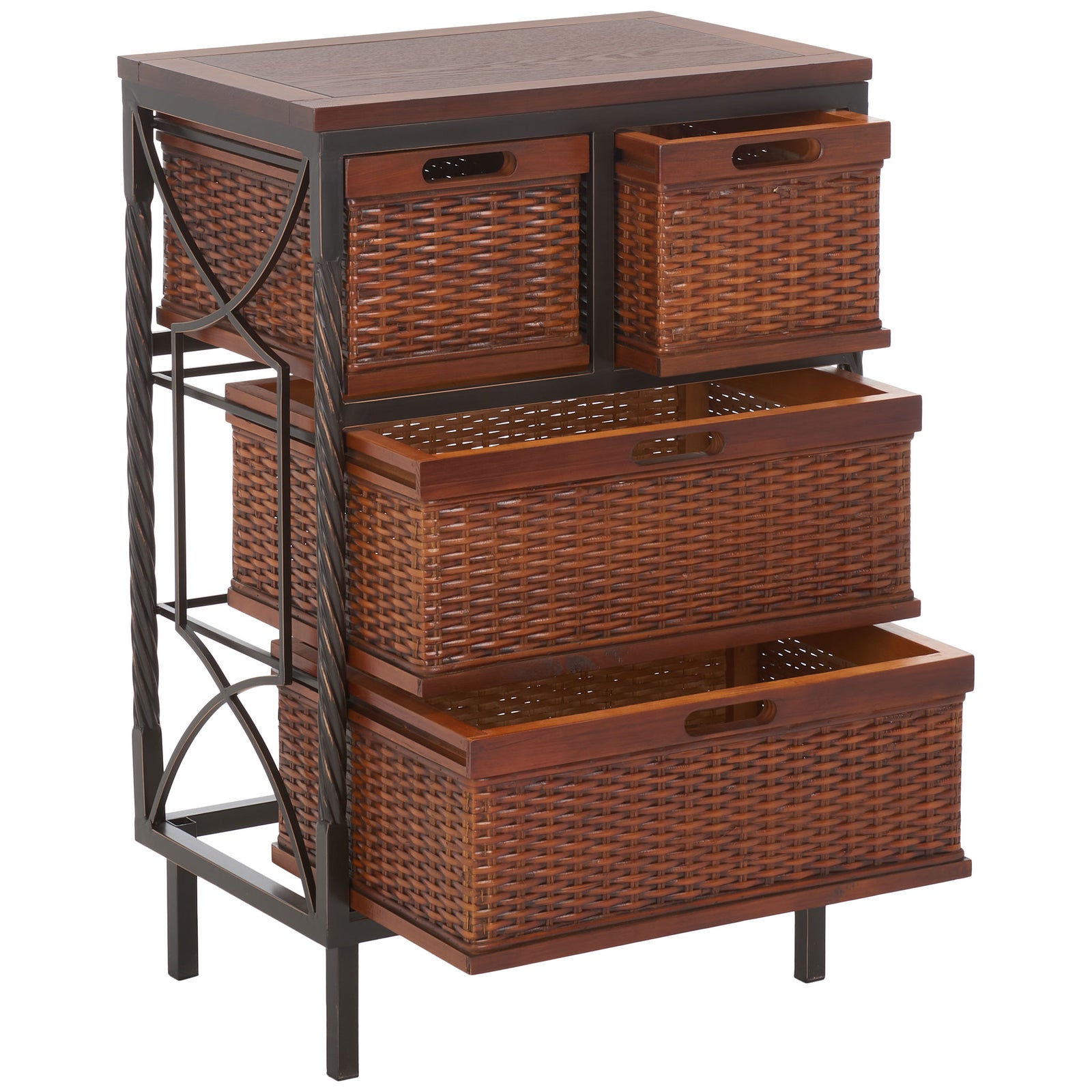 Four pullout rattan baskets offer easy access to essentials of different sizes. || AMH6511A || front_angle_open_studio