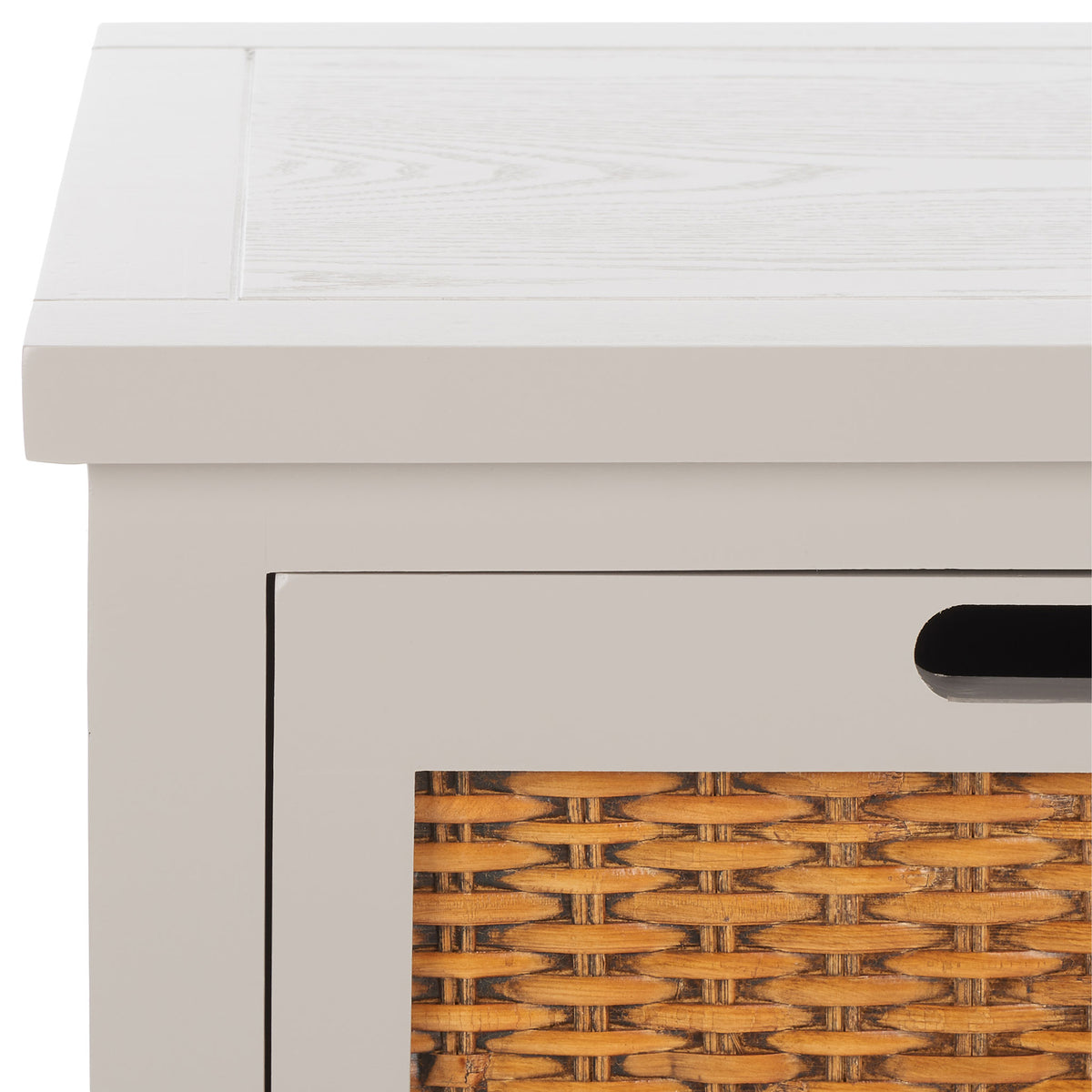 Subtle wood grain on the gray tabletop complements the warm woven drawer panel || AMH6531C || detail_studio