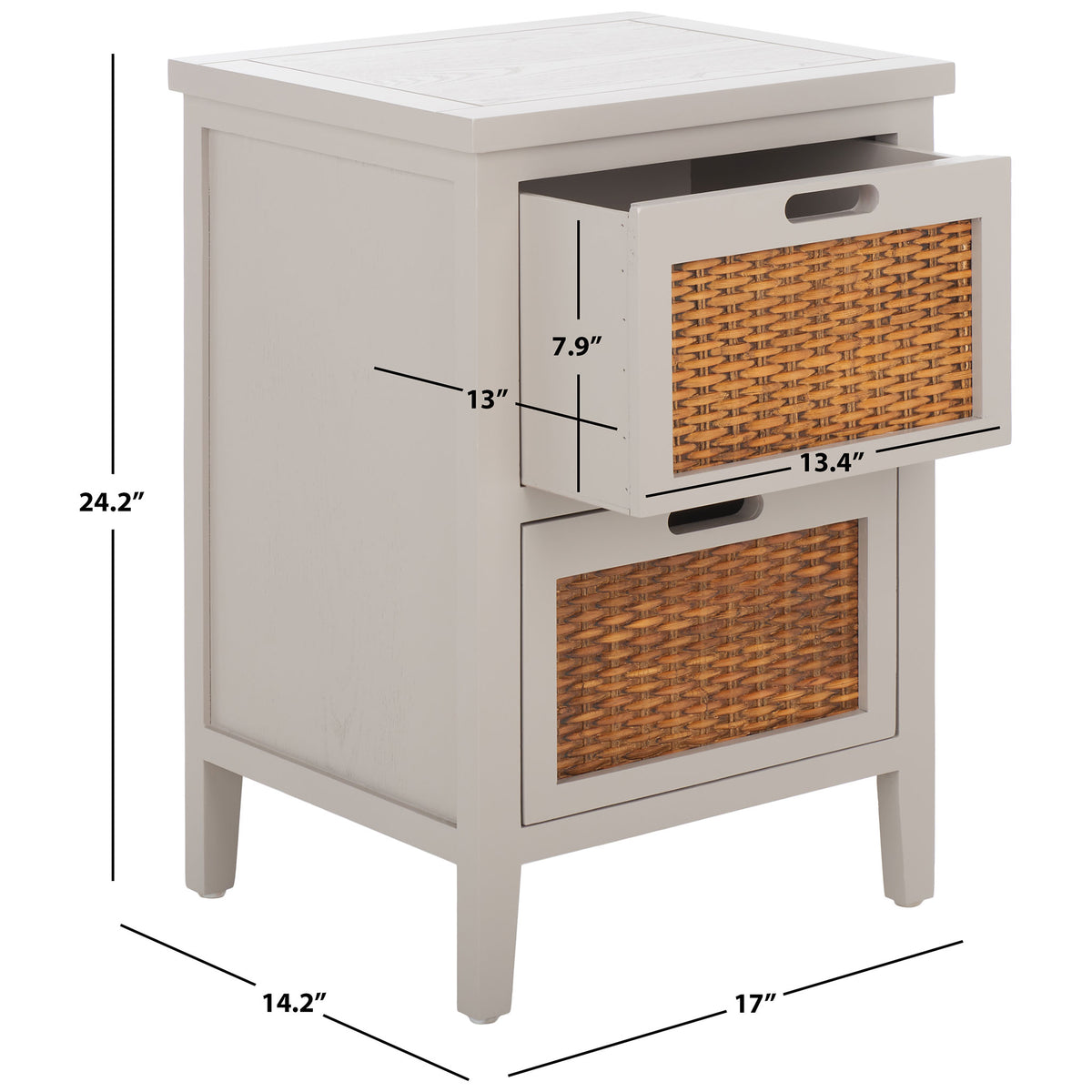 Gray end table measures 17 inches wide, 14.2 inches deep and 24.2 inches high, with two woven drawers || AMH6531C || dimension_studio