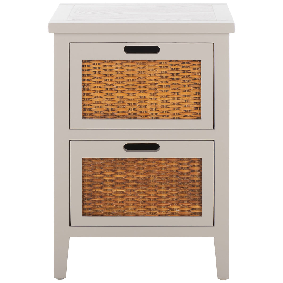Pale gray end table combines two warm woven drawers, recessed pulls and tapered legs || AMH6531C || front_studio