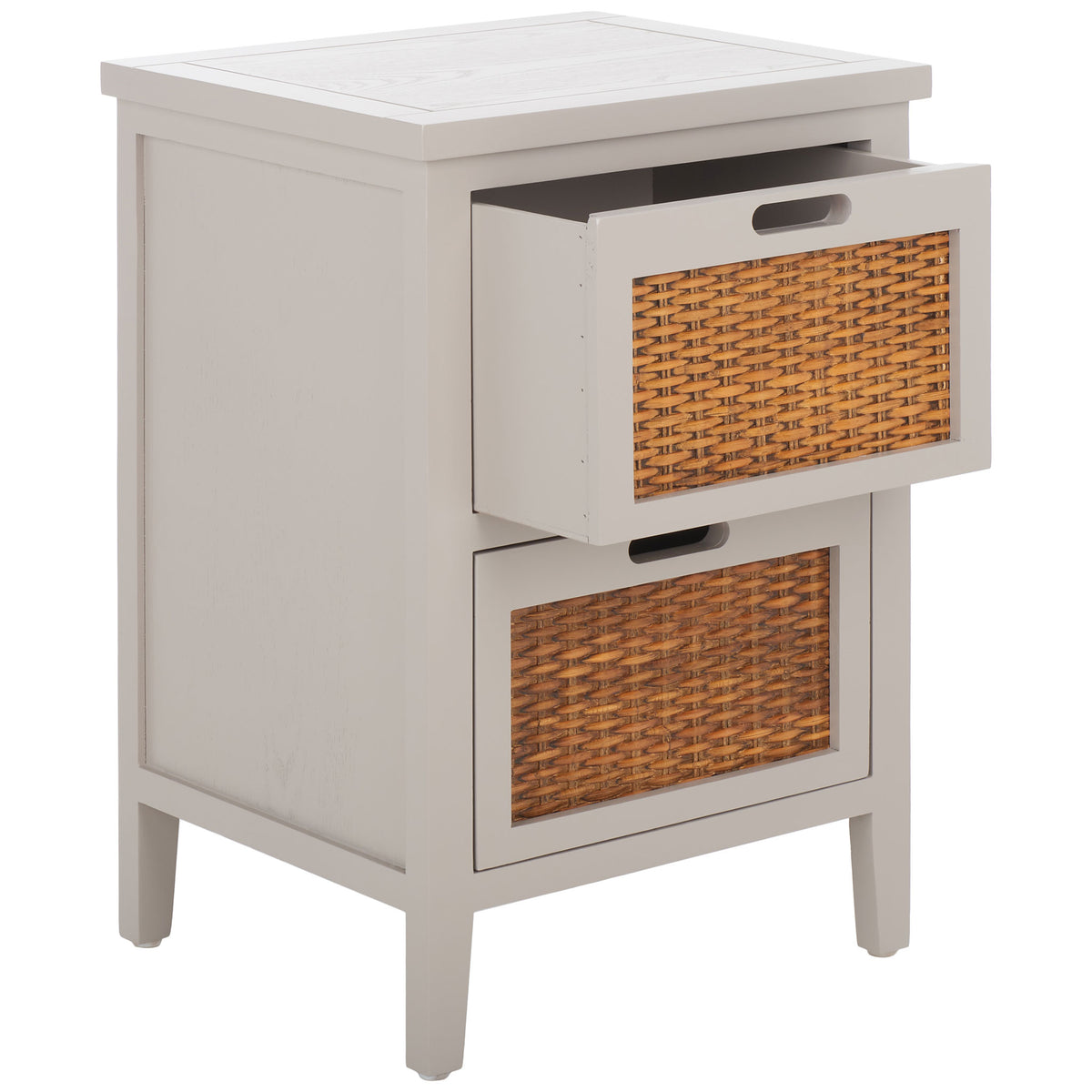 An open woven-front drawer offers easy storage above a matching lower drawer || AMH6531C || front_angle_open_studio