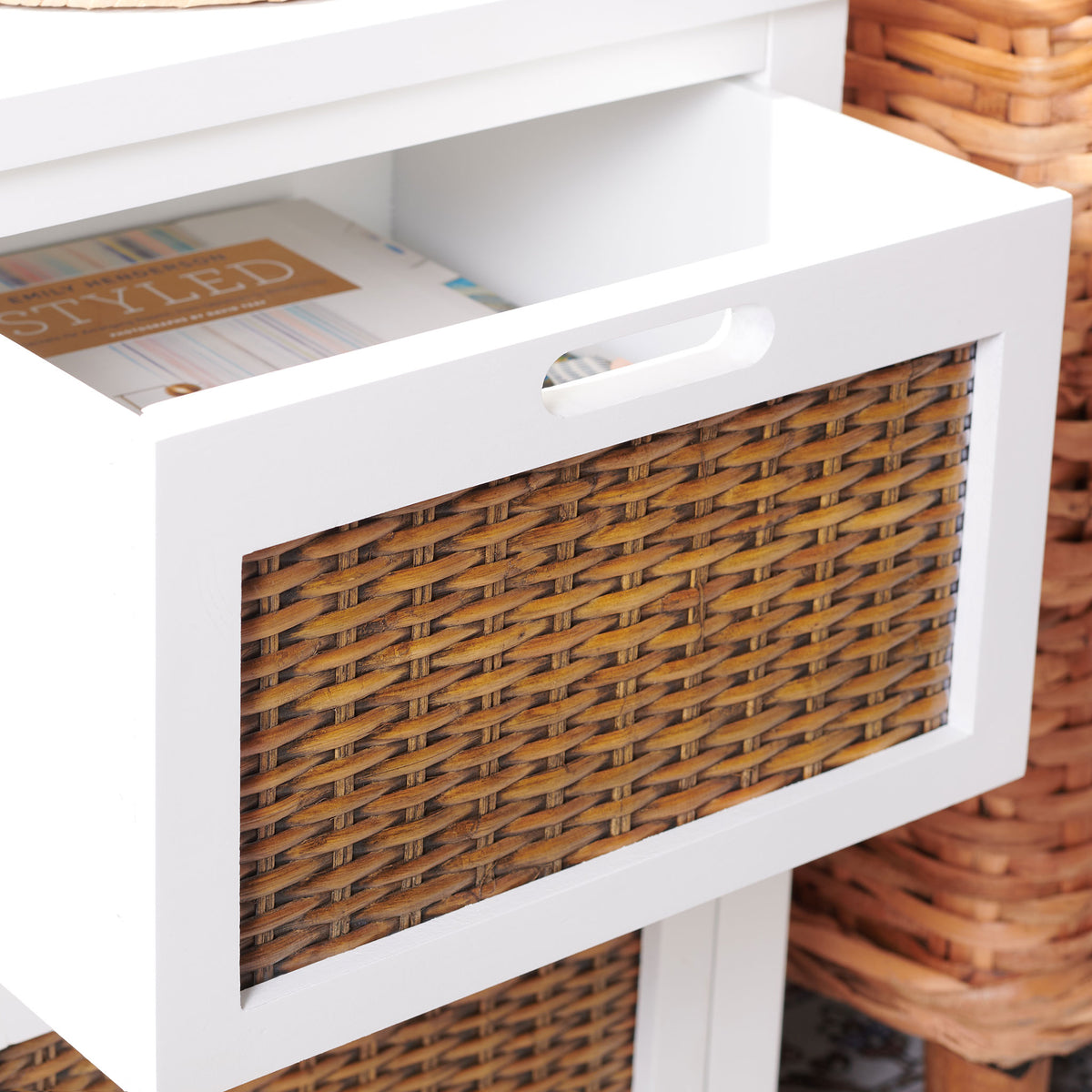 A white drawer with a warm woven inset opens to hold small essentials || AMH6531D || storage_open_room
