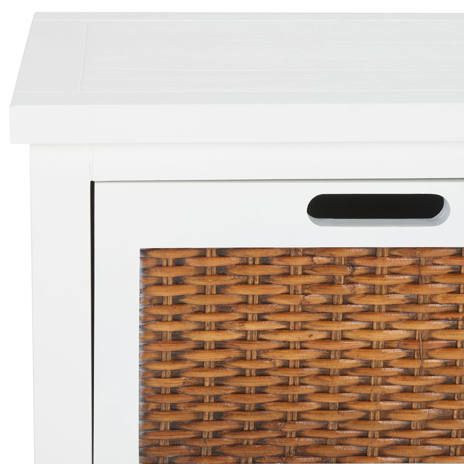 A white tabletop and richly textured woven drawer front create bright coastal contrast || AMH6531D || detail_studio