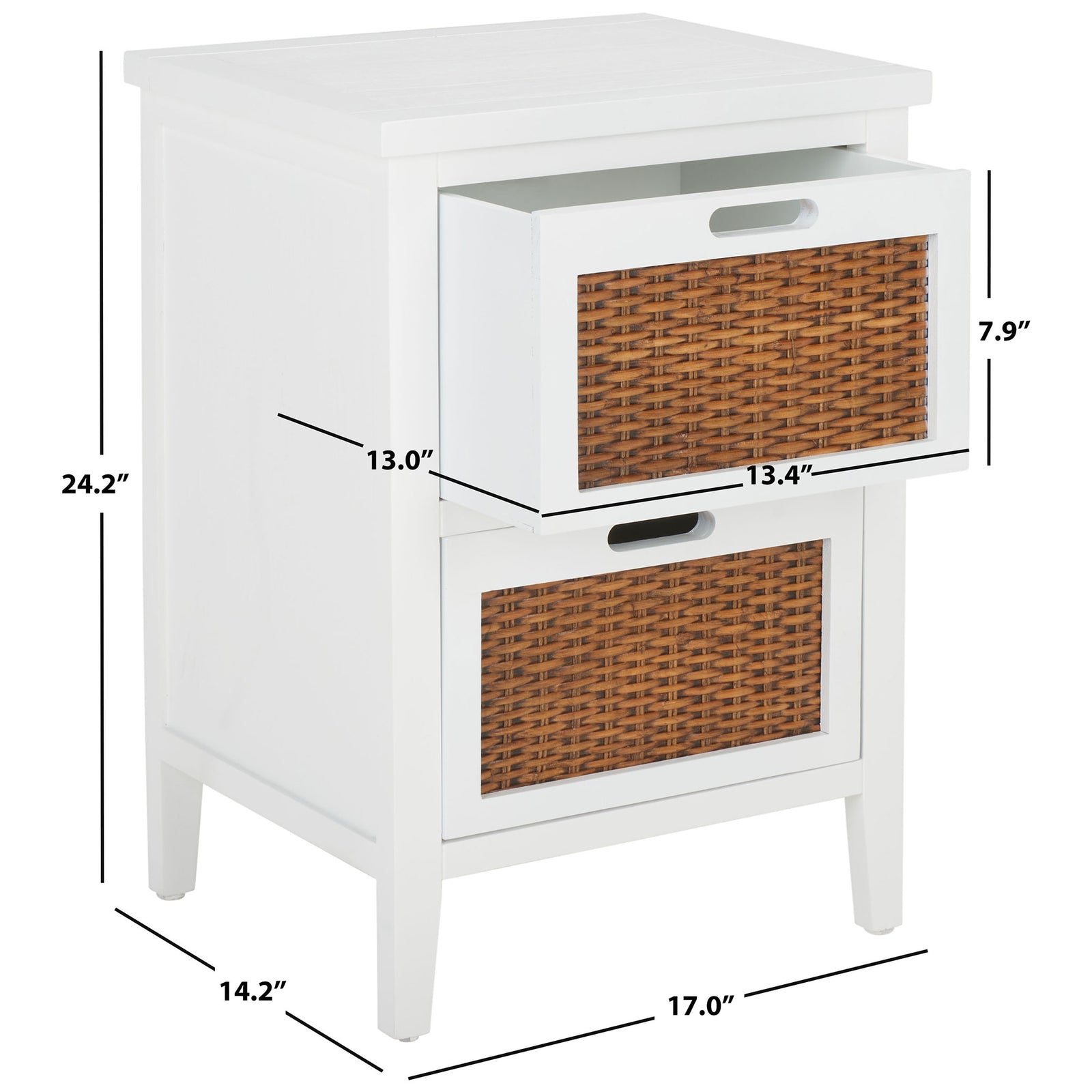 White two-drawer end table is 24.2 inches tall and 17 inches wide, with 13.4-inch-wide drawers || AMH6531D || dimension_studio