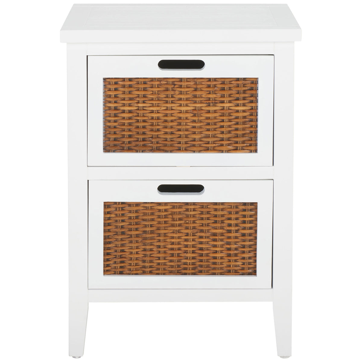 White end table pairs two honey-brown woven drawer fronts with cutout pulls and tapered legs || AMH6531D || front_studio