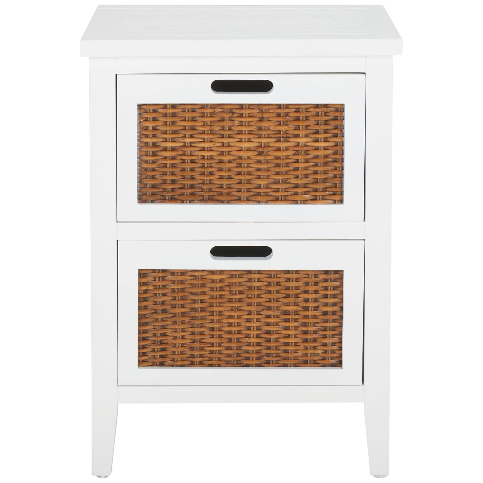 White end table pairs two honey-brown woven drawer fronts with cutout pulls and tapered legs || AMH6531D || front_studio