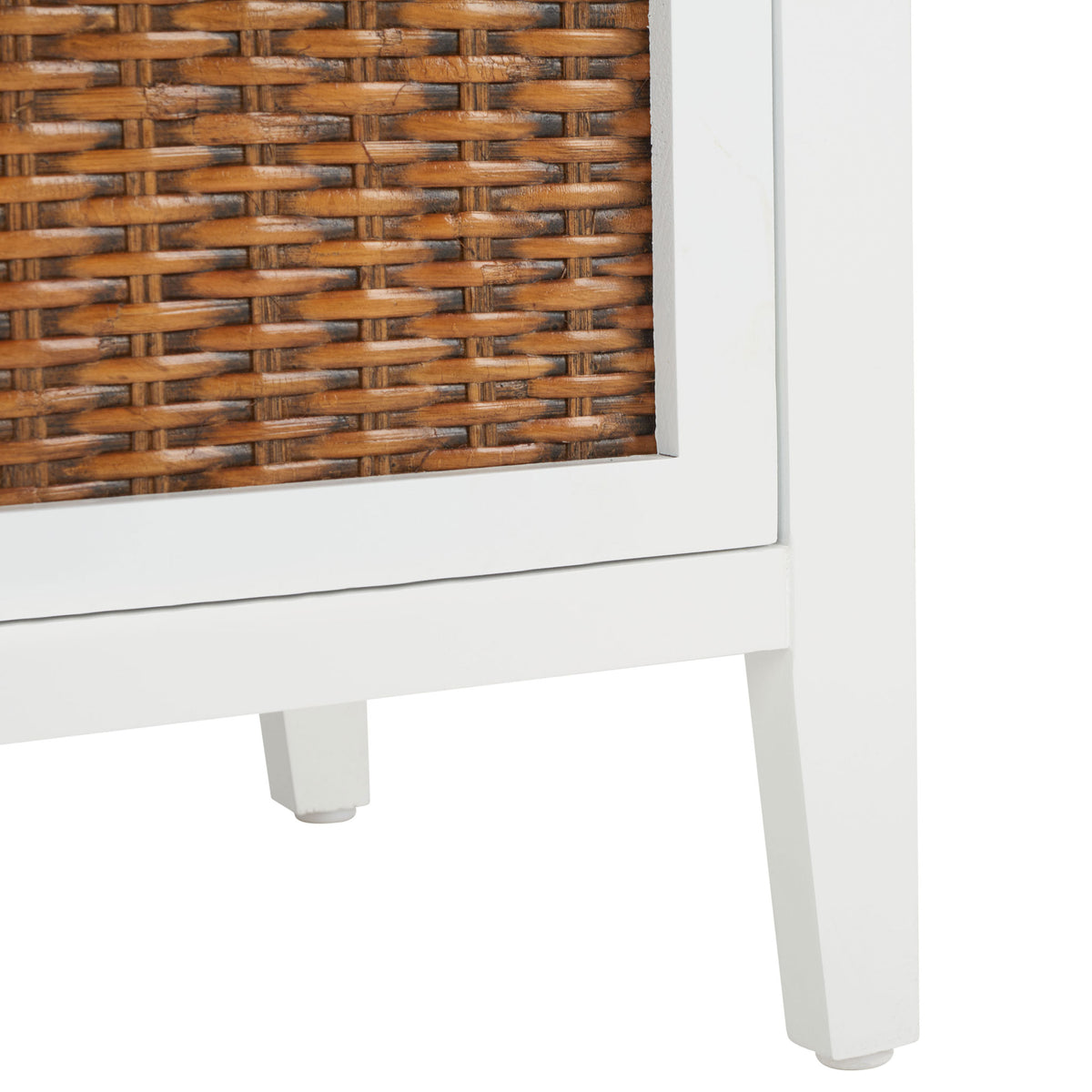 Slender white legs lift the woven-front drawers above an open base || AMH6531D || leg_studio
