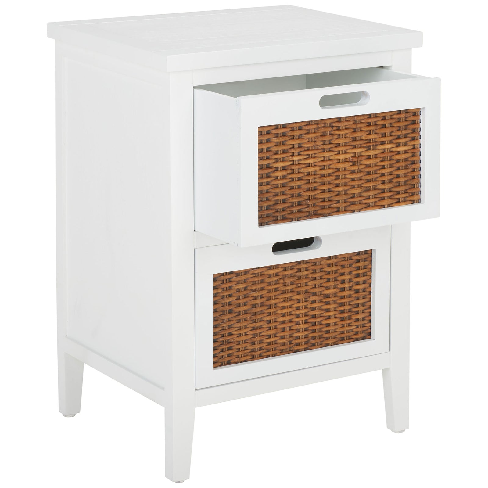White end table reveals an accessible upper drawer above its matching woven lower drawer || AMH6531D || front_angle_open_studio