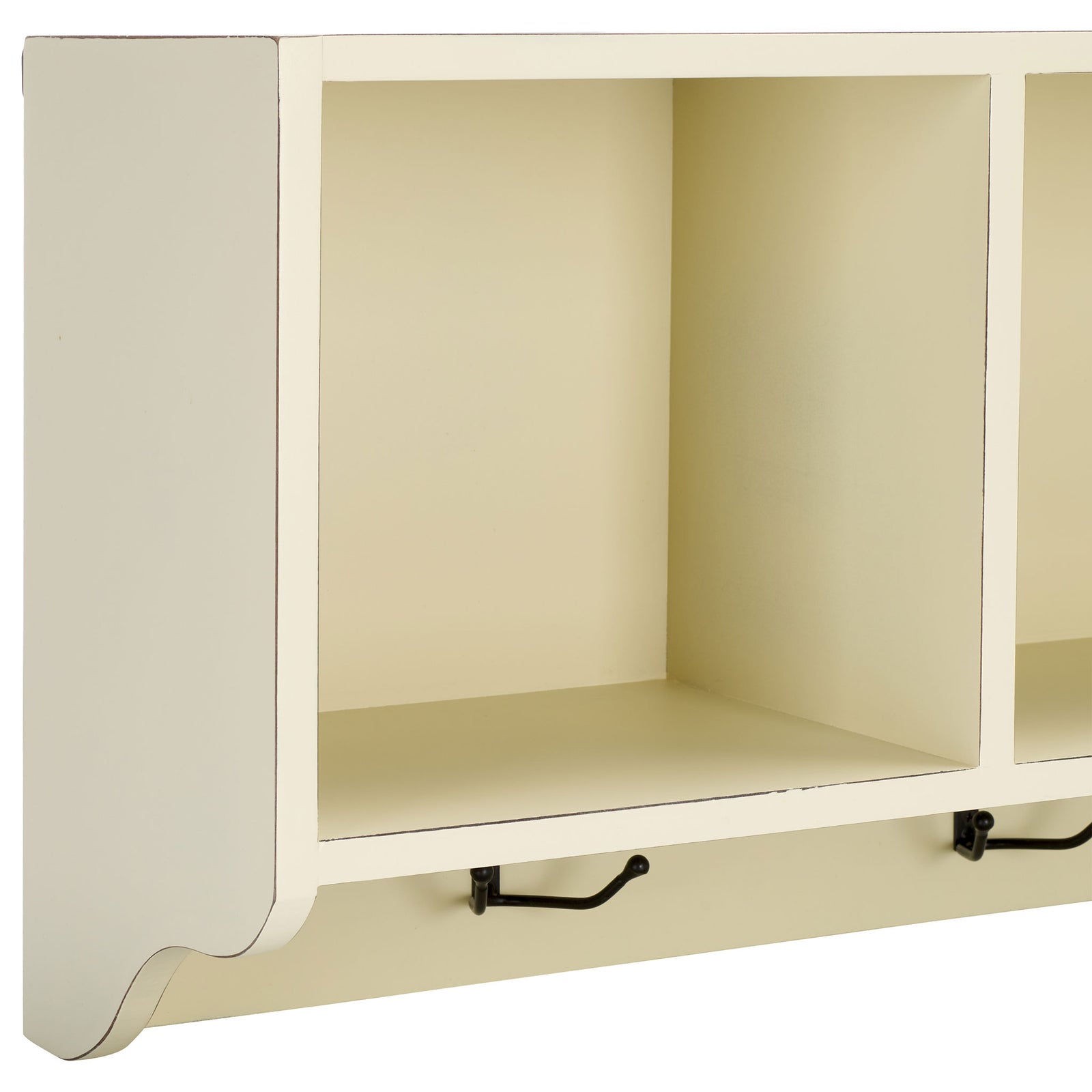 Spacious white cubby offers open storage above a black metal hook and sculpted lower edge || AMH6566A || storage_studio