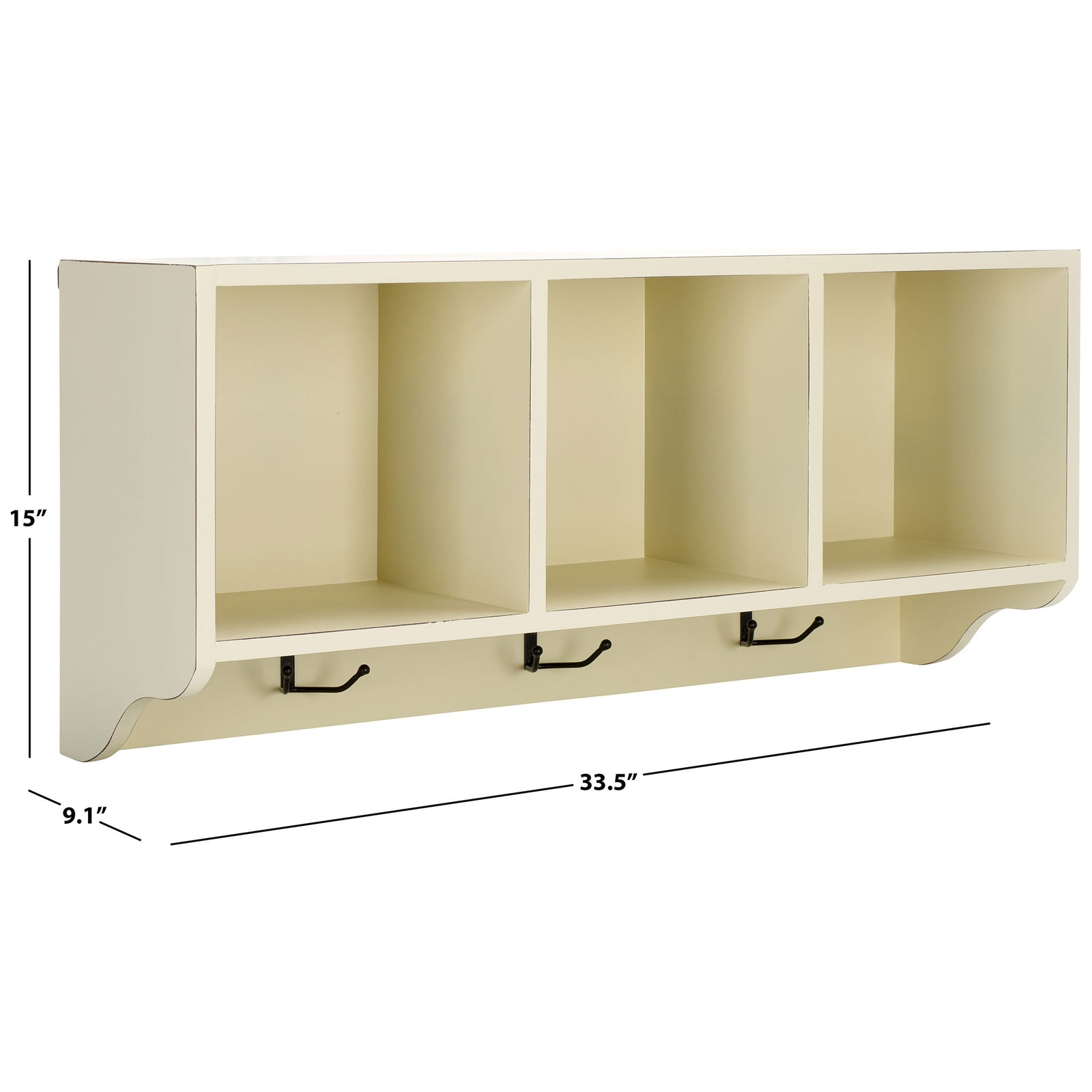 White wall shelf measures 33.5 inches wide, 9.1 inches deep, and 15 inches high || AMH6566A || dimension_studio