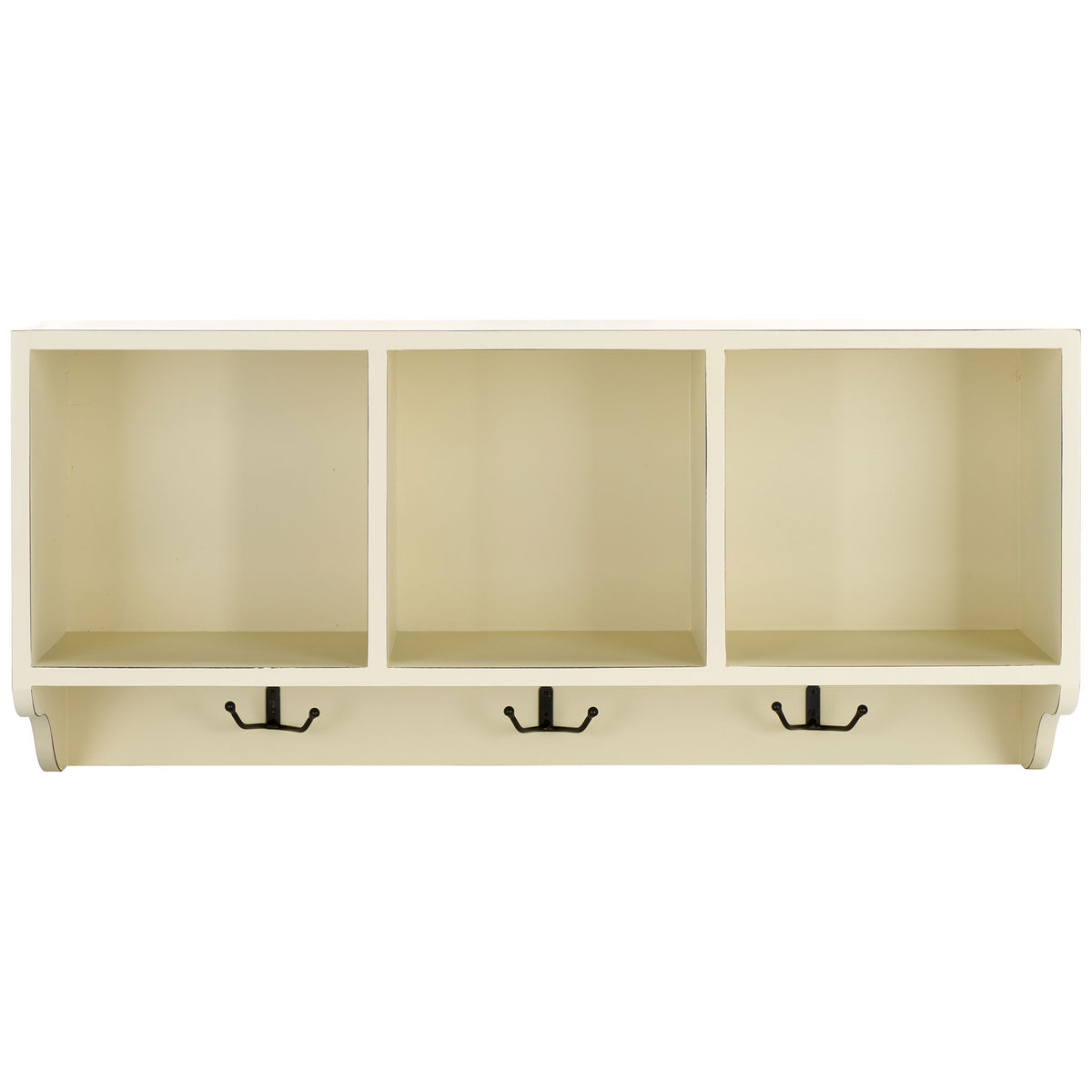 White wall shelf organizes everyday items in three open cubbies above black coat hooks || AMH6566A || front_studio