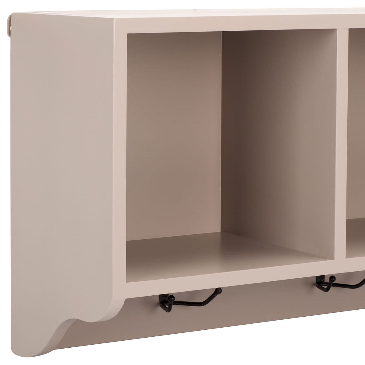 Spacious gray cubby keeps essentials handy above black metal hooks and a curved base