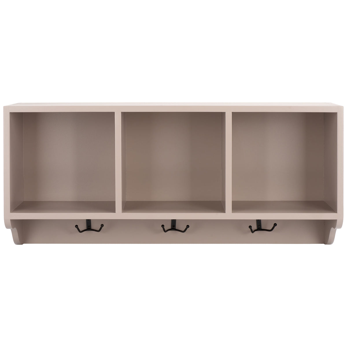 Soft gray wall shelf features three open cubbies and black hooks for coats and bags || AMH6566C || front_studio
