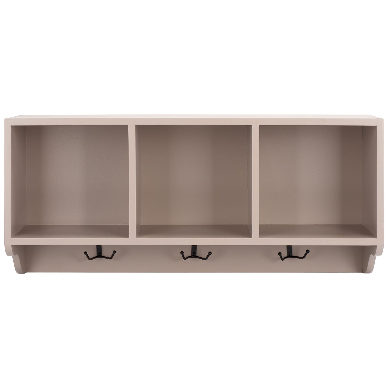 Soft gray wall shelf features three open cubbies and black hooks for coats and bags || AMH6566C || front_studio