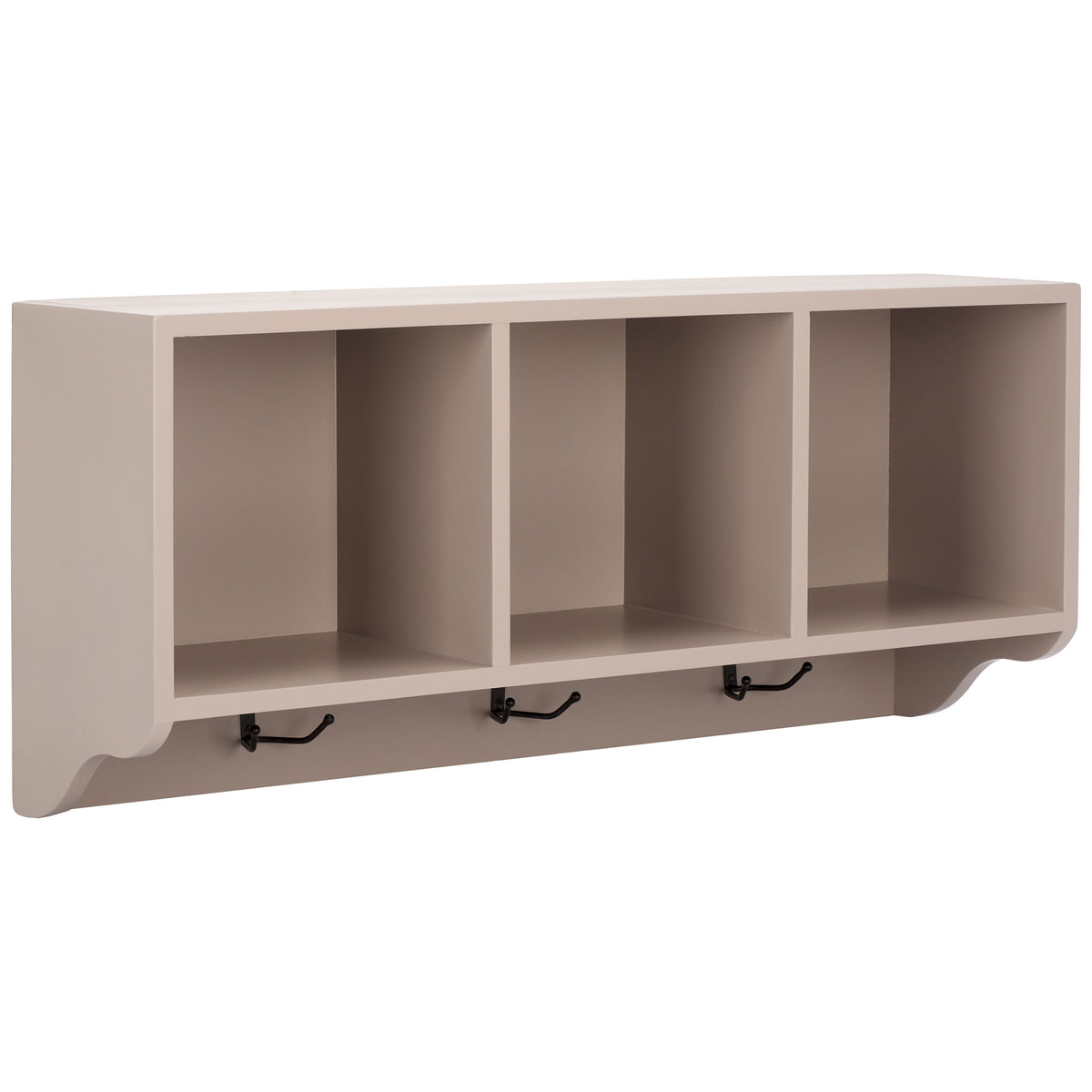 Gently curved gray ends complement three open cubbies and a row of black hooks || AMH6566C || front_angle_studio