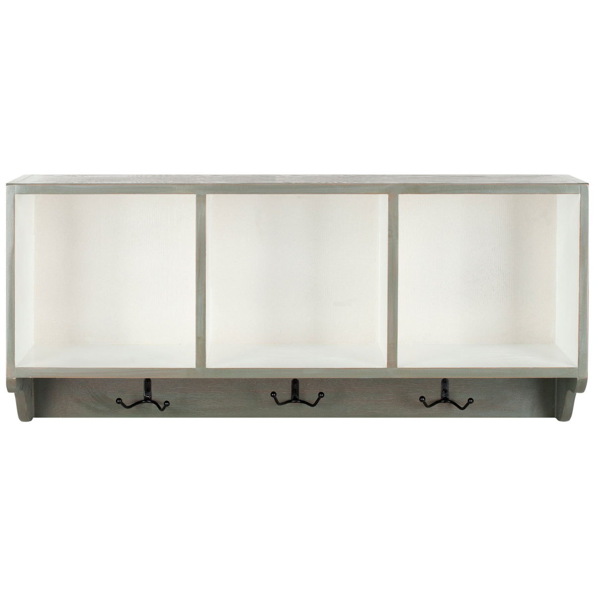 Ash gray wall shelf pairs three white cubbies with black hooks for coats and accessories || AMH6566M || front_studio