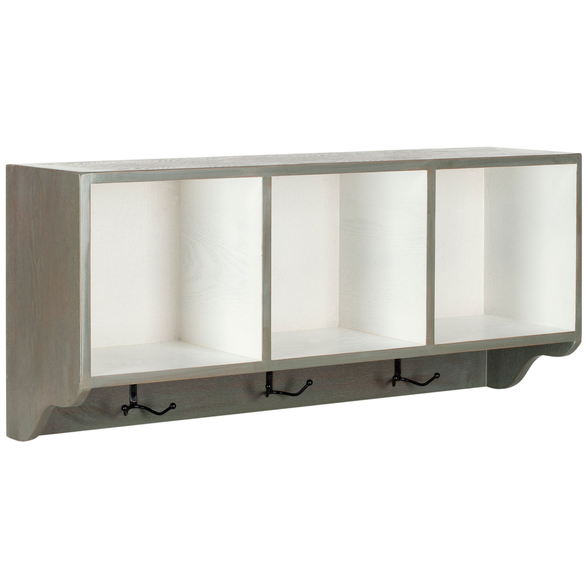 White cubbies contrast with a curved ash gray frame above three coat hooks || AMH6566M || front_angle_studio