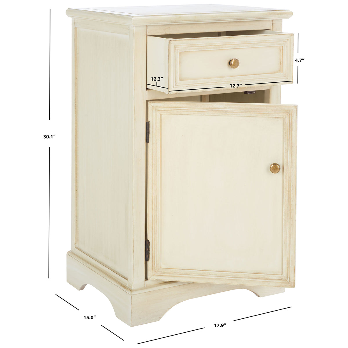 Cream nightstand fits a drawer and cabinet into a 17.9-inch-wide, 30.1-inch-tall frame || AMH6627D || dimension_studio