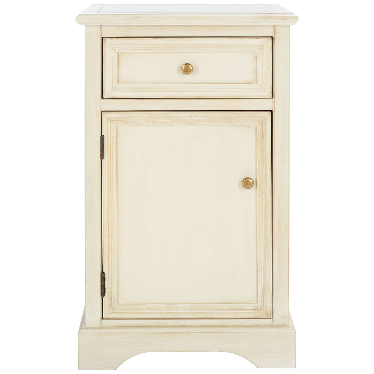 Cream nightstand with a framed drawer, paneled cabinet door, curved base, and warm metal knobs || AMH6627D || front_studio