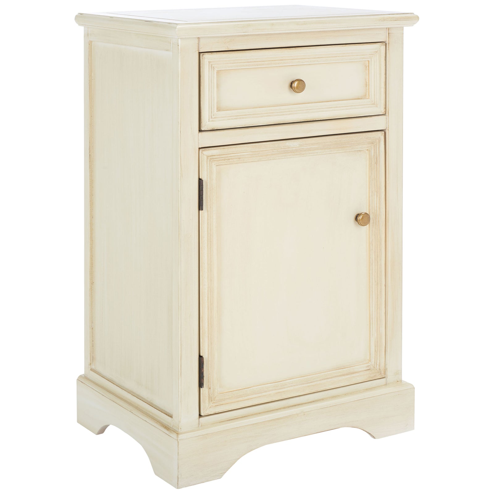 A paneled side and softly weathered cream finish complement the drawer-and-door storage || AMH6627D || front_angle_studio