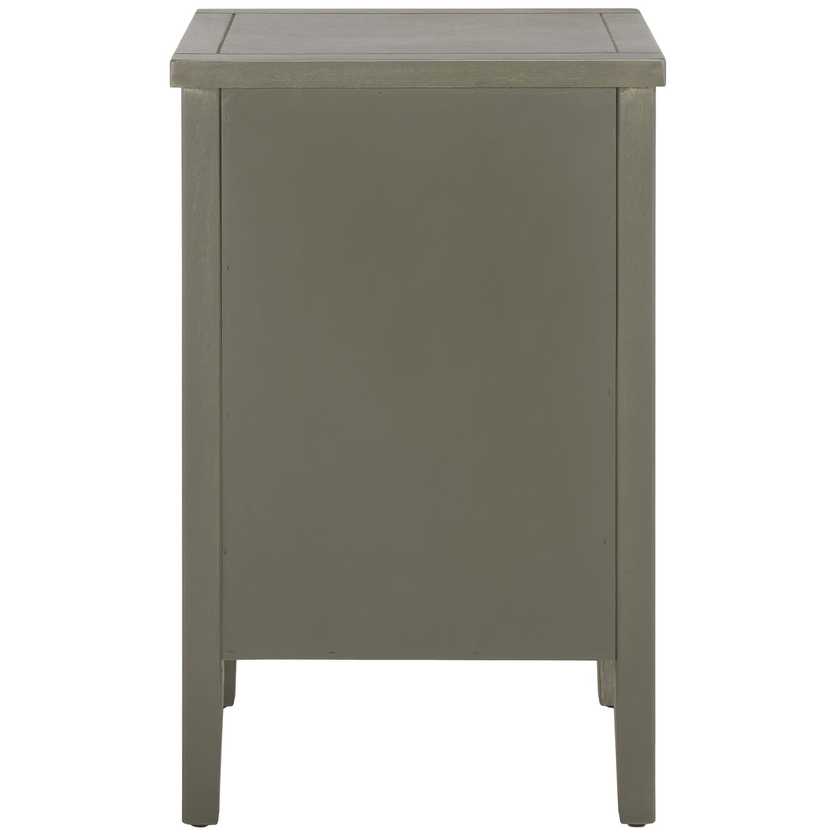 A solid paneled back and clean-lined legs finish this ash gray wood nightstand. || AMH6628A || back_studio