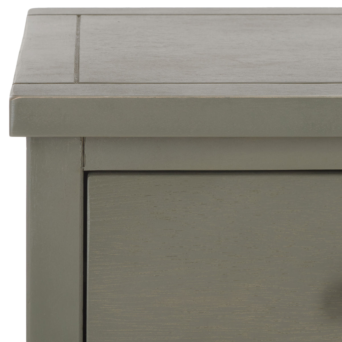 A framed tabletop and subtle wood grain add tailored detail to the ash gray nightstand.