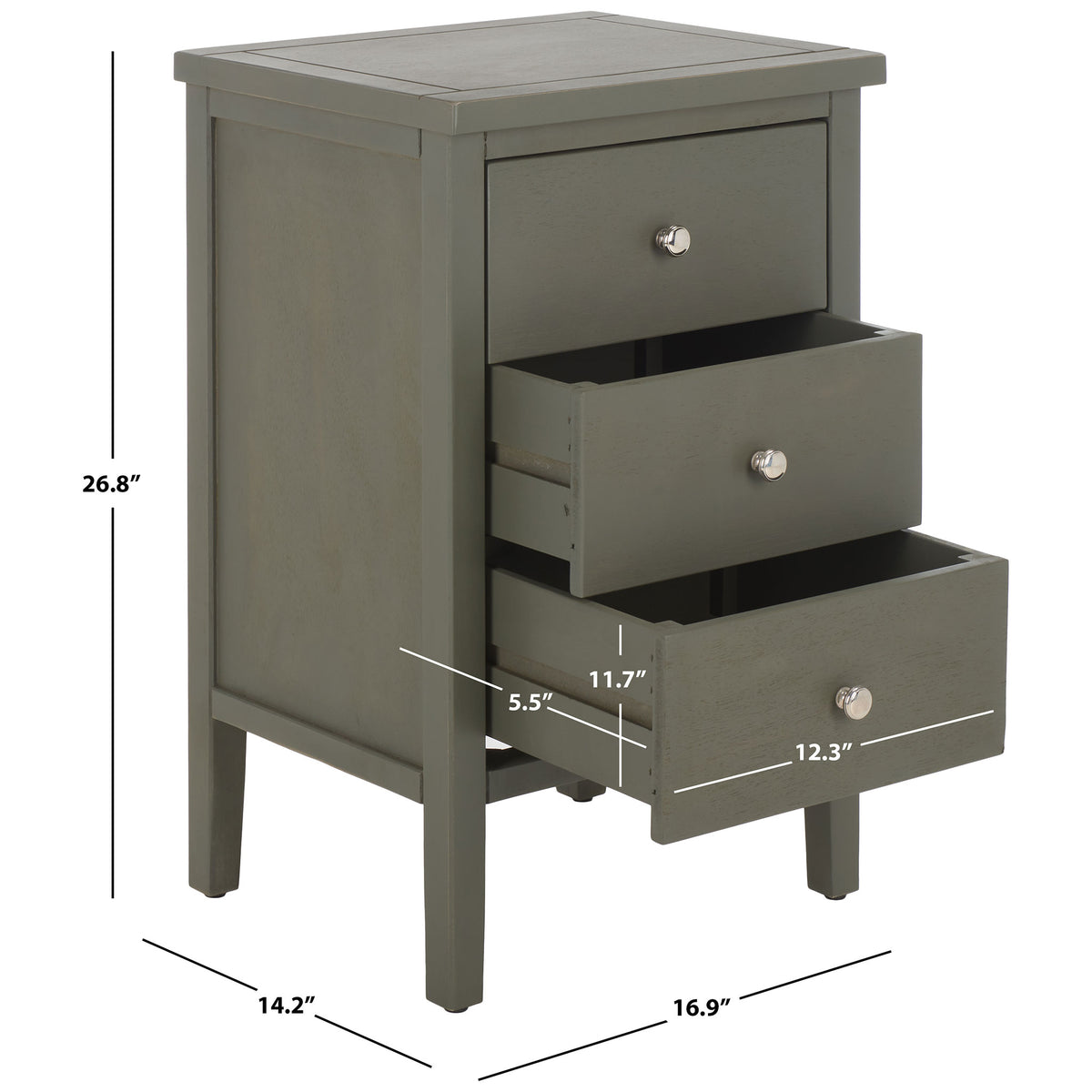This three-drawer nightstand measures 16.9 inches wide, 14.2 inches deep, and 26.8 inches tall. || AMH6628A || dimension_studio