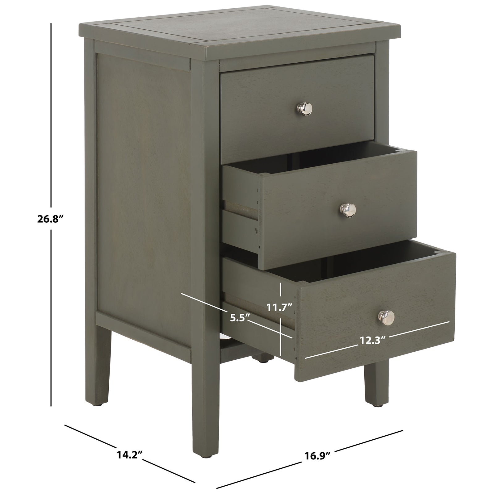 This three-drawer nightstand measures 16.9 inches wide, 14.2 inches deep, and 26.8 inches tall. || AMH6628A || dimension_studio
