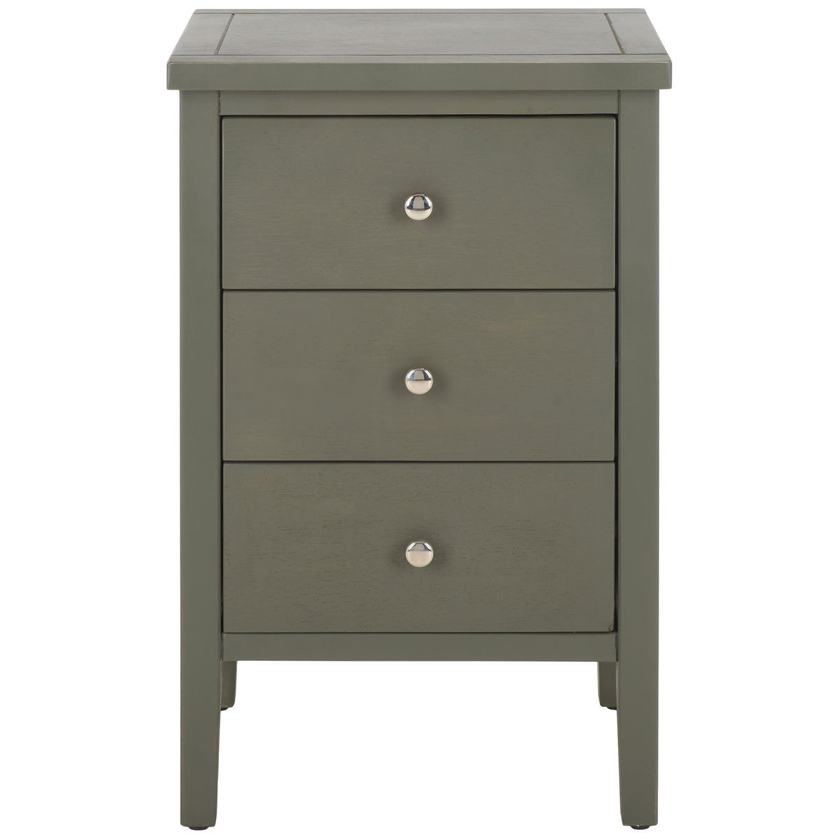 Ash gray wood nightstand with three stacked drawers, silver knobs, and slim tapered legs. || AMH6628A || front_studio