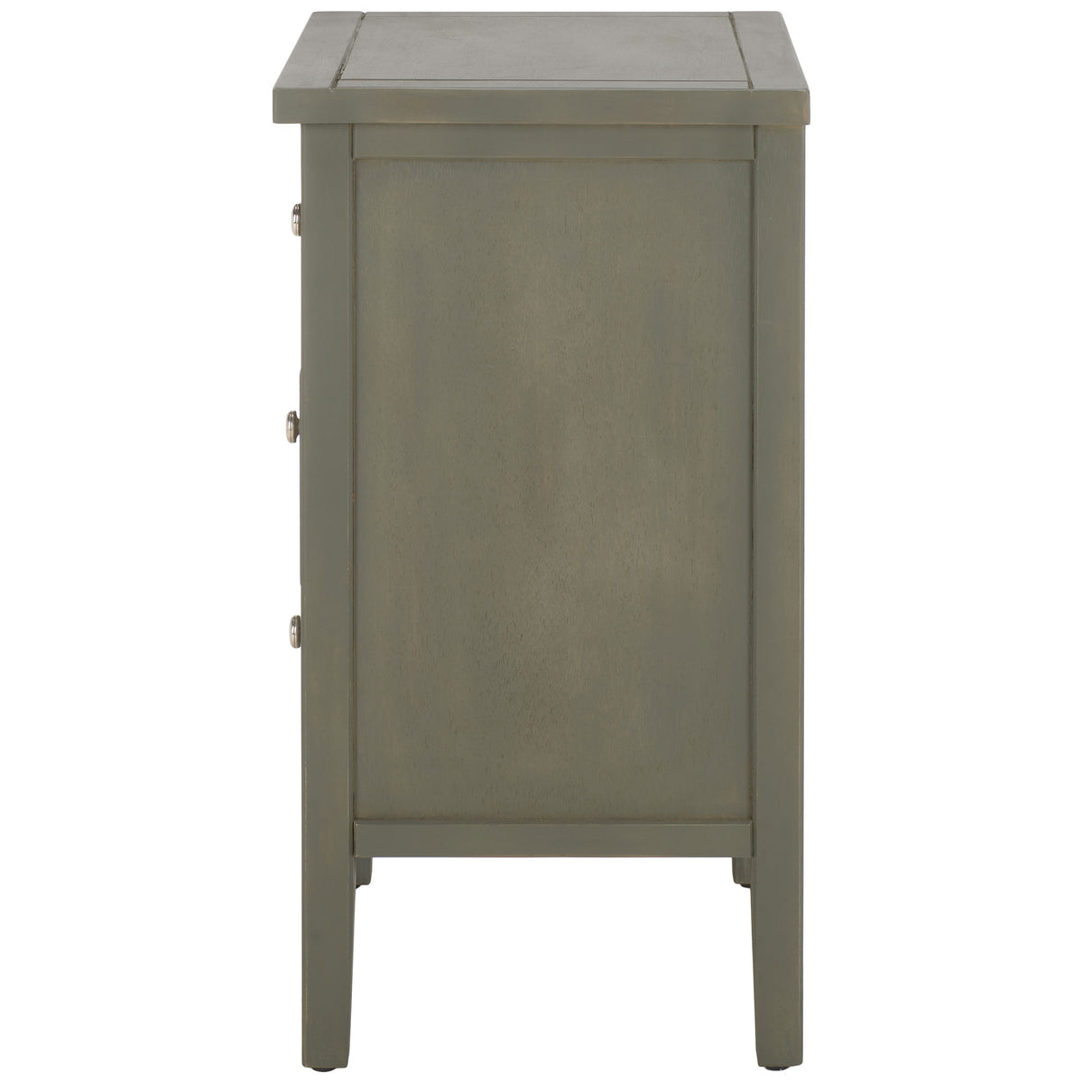 A recessed side panel and tapered legs give the ash gray wood nightstand a streamlined shape. || AMH6628A || side_studio