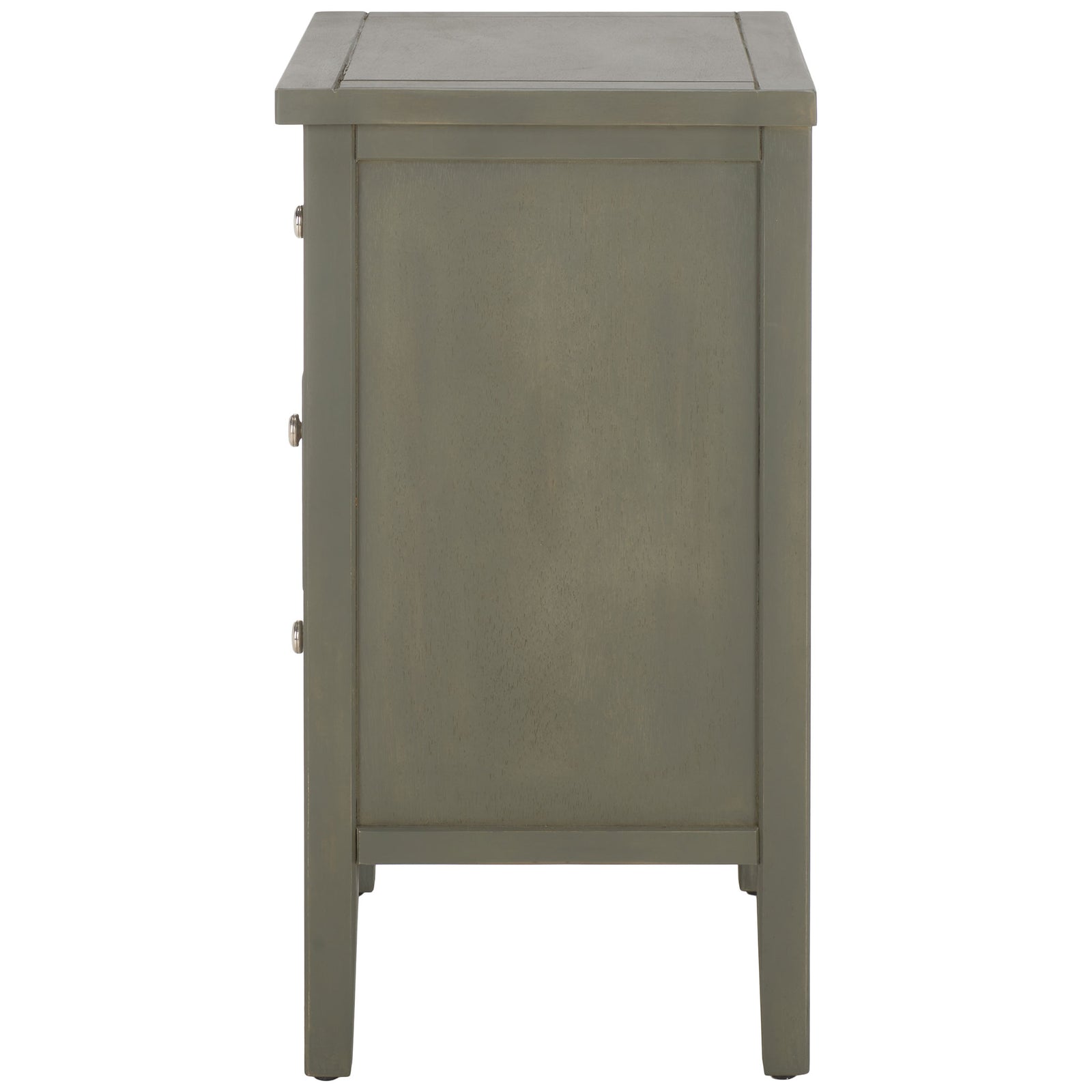 A recessed side panel and tapered legs give the ash gray wood nightstand a streamlined shape. || AMH6628A || side_studio